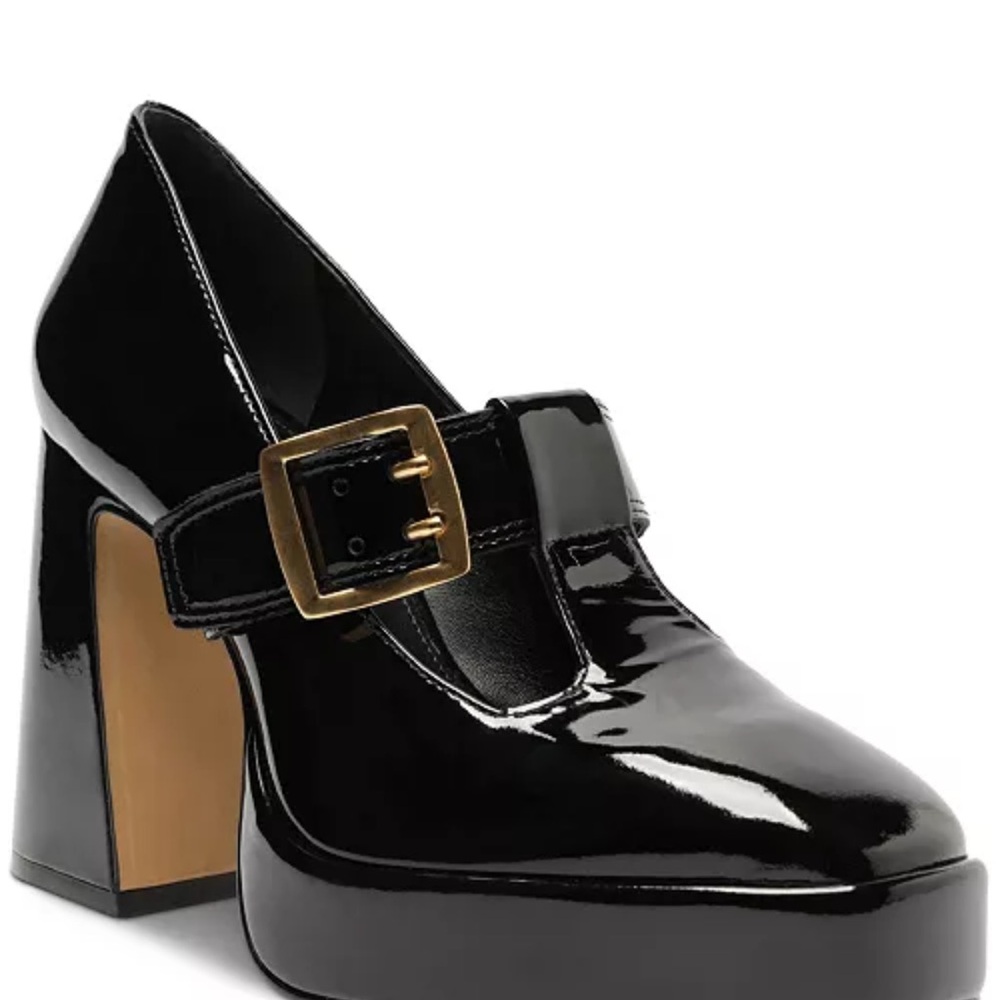 Vince Camuto Black Patent Mary Jane Platform Heel with Gold Buckle